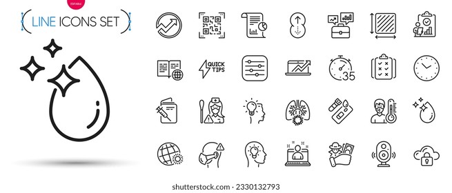 Pack of Swipe up, Sales diagram and Inspect line icons. Include Timer, Water drop, Thermometer pictogram icons. World weather, Business portfolio, Speaker signs. Fraud, Nurse, Best manager. Vector