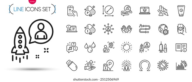 Paquete de Swipe up, educación de Sitio web e iconos de línea de tiempo seguro. Incluir la pandemia de coronavirus, estadísticas de coronavirus, iconos de pictogramas de yoga. Buzón de voz, impermeable, signos de área de círculo. Vector
