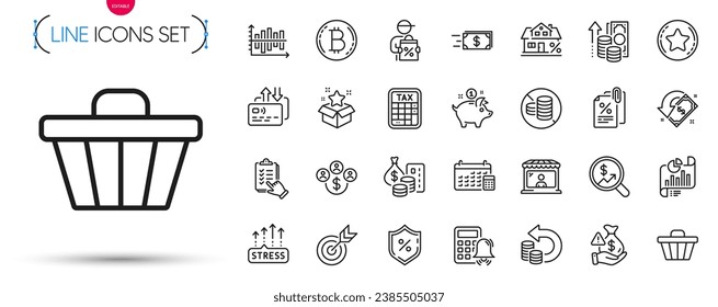 Pack of Target, Saving money and Cash back line icons. Include Checklist, Report document, Bribe pictogram icons. Cashback, Calculator alarm, Buying currency signs. Diagram chart. Vector