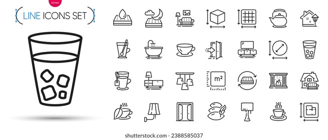 Pack of Tea cup, Furniture moving and Mattress line icons. Include Furniture, Dresser, Open door pictogram icons. Teapot, Night mattress, Fireplace signs. Tea, Street light, Floor plan. Vector
