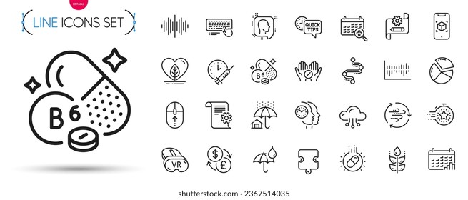 Pack of Technical documentation, Medical calendar and Vr line icons. Include Timer, Swipe up, Waterproof umbrella pictogram icons. Timeline, Computer keyboard, Home insurance signs. Vector
