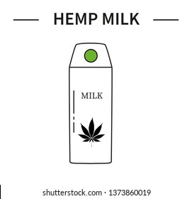A pack of tetrapack with hemp milk with a leaf of cannabis. Line art icon. Organic food.