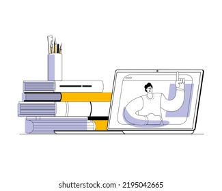 A pack of textbooks and an open laptop with a lecture on the screen. Vector illustration on the topic of online education.