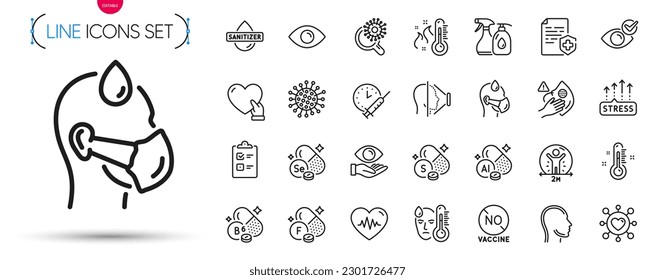 Pack of Thermometer, Hand sanitizer and Cleaning liquids line icons. Include Coronavirus, Volunteer, Selenium mineral pictogram icons. No vaccine, Sulfur mineral, Stress grows signs. Vector