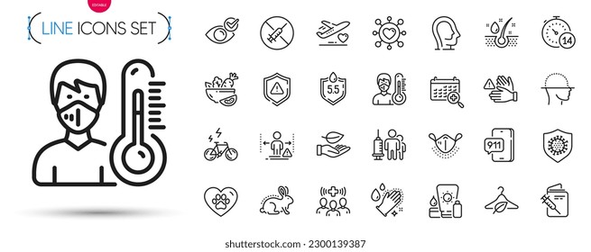 Pack of Thermometer, Medical vaccination and Washing hands line icons. Include Slow fashion, Serum oil, Ph neutral pictogram icons. Social distance, Medical calendar, Coronavirus signs. Vector