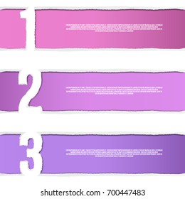 Pack of three infographic banners torn paper with copy space for text, isolated on white background. color elements.