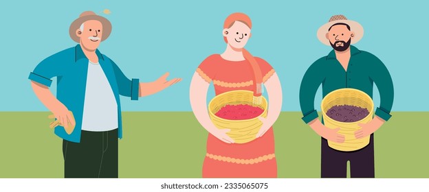 Pack of three local farmer flat illustration, Flat cartoon vector illustration. Farmer with local product,  old farmer man.