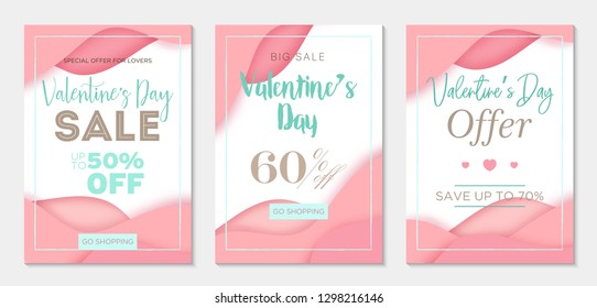 Pack of three sale banner templates to Valentine's Day. Paper cut style. Pink backgrounds. Business tamplate