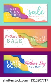 Pack of three sale banners to Mothers Day Holiday. Colorful templates for business. Creative papercut background. Stylish design