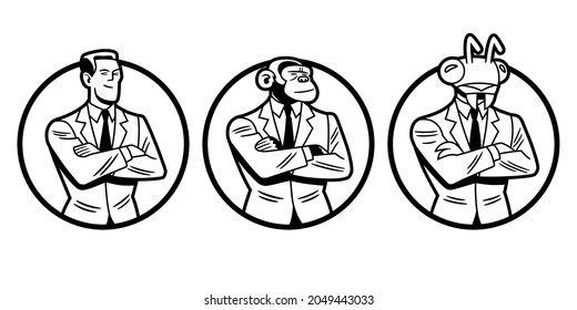 Pack Of Three Vector Illustrations, In Black And White And Border Lines, Of A Man, A Chimp And An Insect, Wearing Suit, With Crossed Arms, Framed In Circular Shapes.