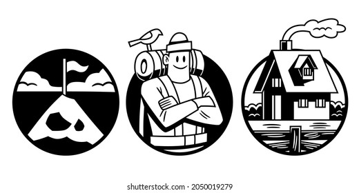 Pack of three vector illustrations, in black and white and border lines, of a mountain, a hiker and a cottage, framed in circular shapes.