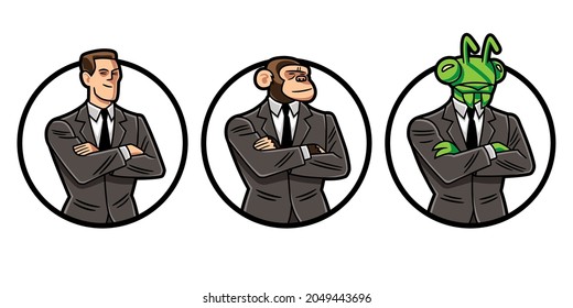 Pack Of Three Vector Illustrations, In Color And Border Lines, Of A Man, A Chimp And An Insect, Wearing Suit, With Crossed Arms, Framed In Circular Shapes.