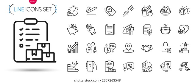 Pack of Throw hats, Ambulance transport and Love ticket line icons. Include Juice, Plane, Fingerprint lock pictogram icons. Fork, Employee result, Divorce lawyer signs. Timer. Vector