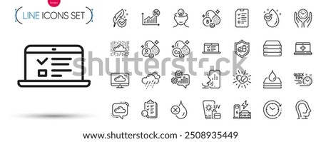 Pack of Time change, Quick tips and Cloud communication line icons. Include Hypoallergenic tested, Waterproof, Inspect pictogram icons. No waterproof, Sunscreen, Safe time signs. Vector