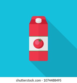 Pack of Tomato juice flat icon with long shadow isolated on blue background. Simple juice package in flat style, vector illustration for web and mobile design.