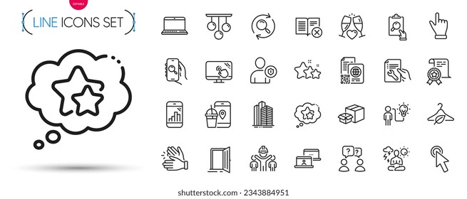 Pack of Touch screen, Engineering team and Cursor line icons. Include Skyscraper buildings, Stars, Qr code pictogram icons. Search app, Open door, Food app signs. Packing boxes. Vector