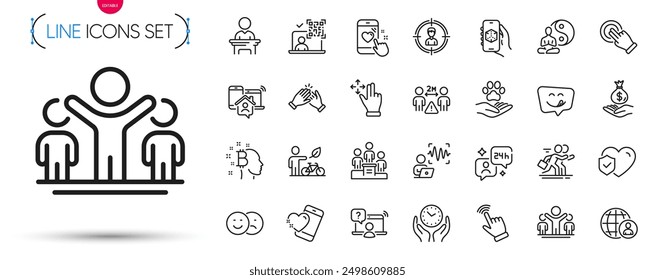Pack of Touchscreen gesture, Safe time and Work home line icons. Include Business podium, Eco bike, Heart rating pictogram icons. Consulting, Heart, Yoga signs. 3d app, Clapping hands. Vector