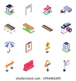 Pack of Traffic Barriers Isometric Icons 