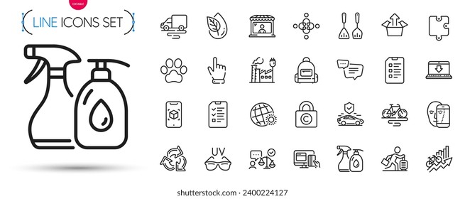 Pack of Training results, Interview and Transport insurance line icons. Include Delivery route, World weather, Internet downloading pictogram icons. Online payment, Recycle, Send box signs. Vector