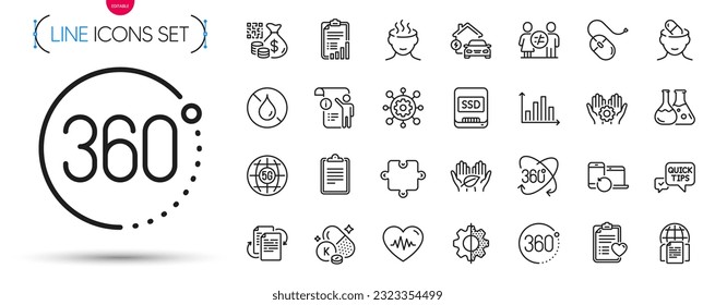 Pack of Transform, Bureaucracy and Ssd line icons. Include Checklist, Quick tips, Discrimination pictogram icons. 360 degrees, Chemistry lab, Recovery devices signs. Diagram graph. Vector