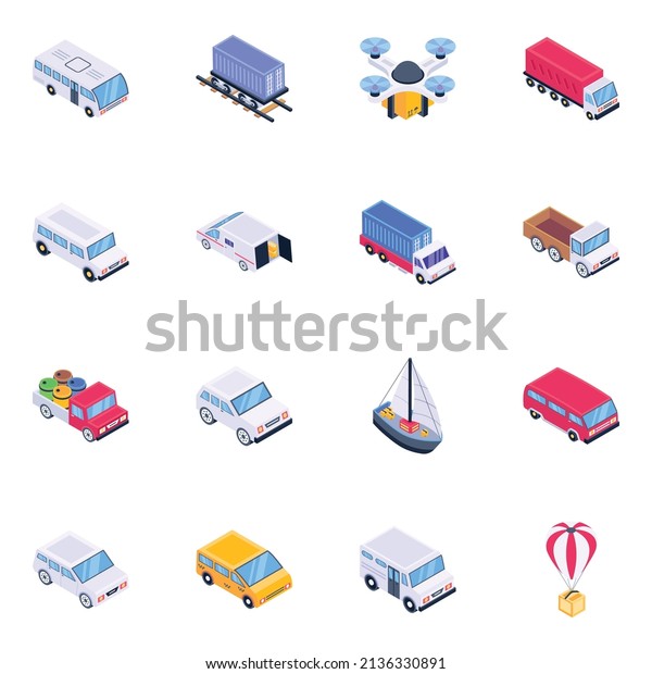 Pack of\
Transportation Isometric Icons\
\
\
