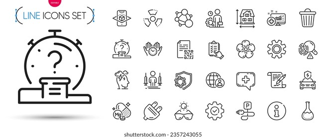 Pack of Trash bin, Qr code and Coronavirus injections line icons. Include Execute, Sunglasses, Chemistry lab pictogram icons. Quiz, Integrity, Service signs. Safe time. Trash bin outline sign. Vector