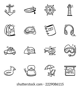 Pack of Travel Accessories Doodle Icons 

