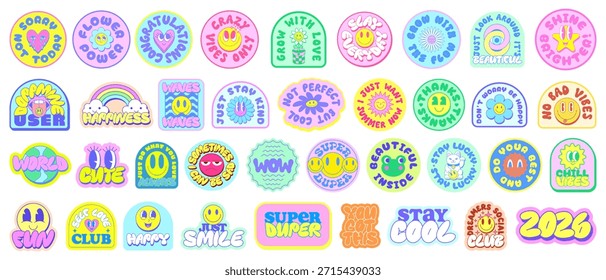 Paquete De Pegatinas Groovy De Moda Diseño De Vector. Conjunto de parches divertidos Pop Art Graphics. Colección De Y2k Cute Labels. Personajes divertidos.