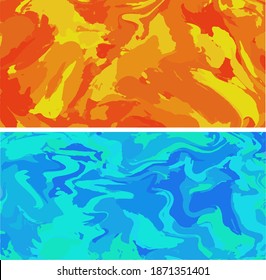 a pack of two abstract pictures in blue and orange color like ice and fire