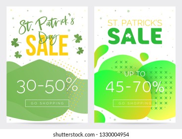 Pack of two Saint Patricks Day sale banner, bright templates for your business with abstract gradient shapes background and clovers on it