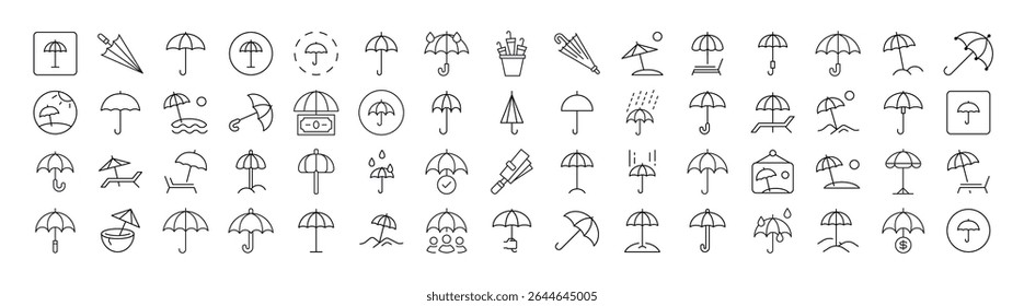 Pack of Umbrella Related Line Icons. Outline Signs for Graphic and Web Design, Apps, Adverts, Various Cards 