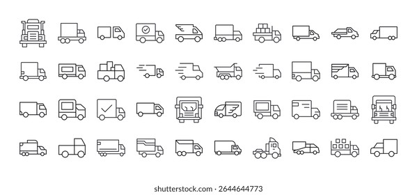 Pacote de Van e Caminhão Relacionados Ícones de Linha. Outline Signs para Gráficos e Web Design, Apps, Anúncios, Vários Cartões 