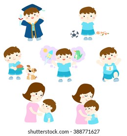 Pack of variety boy activity cartoon character vector illustration
