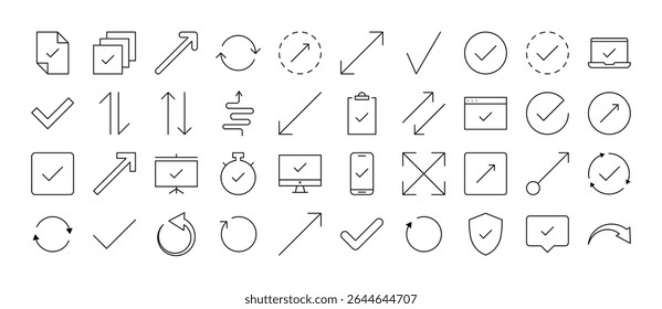 Pacote de Várias Setas Relacionadas Ícones de Linha. Outline Signs para Gráficos e Web Design, Apps, Anúncios, Vários Cartões 