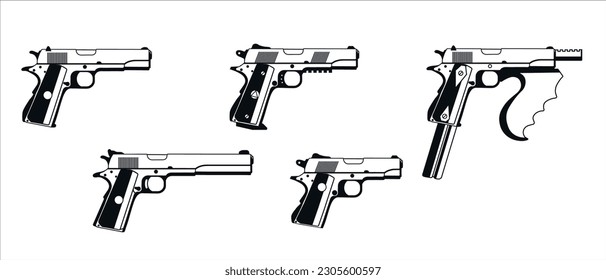 Paquete de varias armas colt 1911. Ilustración vectorial.