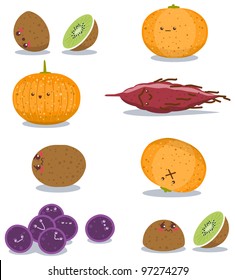 A pack of vector illustration of grapes sweet potato kiwi and orange in funny poses.