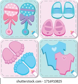 Pack of vector illustrations with baby items in pink, purple and blue colors.