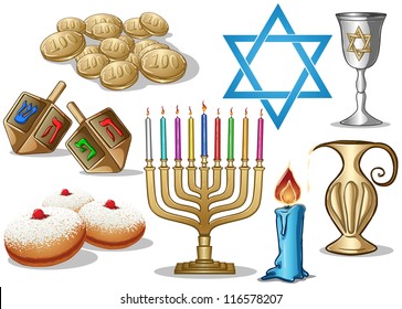 A pack of Vector illustrations of famous symbols for the Jewish Holiday Hanukkah.