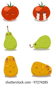 A pack of vector illustrations of tomato pear and potato in happy and sad poses.