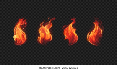 Pack of vector realistic burning flames in various shapes. Hot fire torches isolated on transparent background