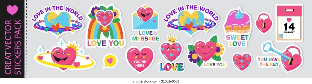 A pack of vector stickers on the theme of love in cartoon style.