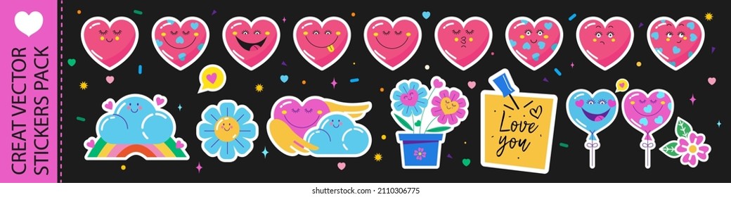 A pack of vector stickers on the theme of love in cartoon style.