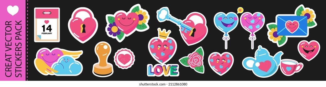 A pack of vector stickers on the theme of love in cartoon style.