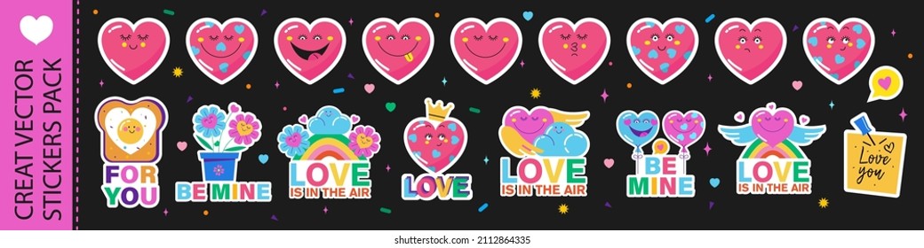 A pack of vector stickers on the theme of love in cartoon style.