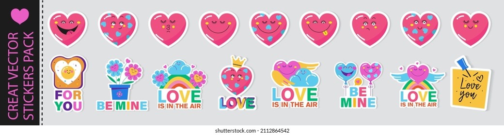 A pack of vector stickers on the theme of love in cartoon style.