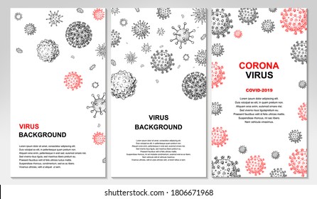 Pack of vertical virus design with hand drawn elements for banners, social media stories, cards, leaflets. Microscope virus close up. Vector illustration in sketch style. COVID-2019