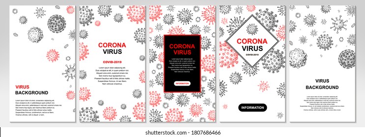 Pack of vertical virus design with hand drawn elements for banners, social media stories, cards, leaflets. Microscope virus close up. Vector illustration in sketch style. COVID-2019