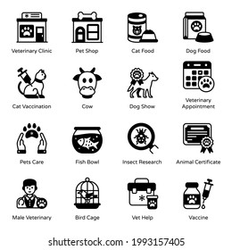 Pack of Veterinary and Pet Food Glyph Icons 