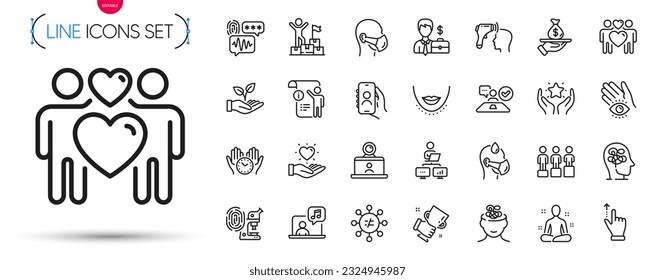 Paquete de Videoconferencia, Iconos de la línea del hombre de Equity and Sick. Incluye investigación de huellas digitales, Yoga, íconos del pictograma del termómetro electrónico. Máscara médica, llamada del usuario, signos de Chin. Música. Vector
