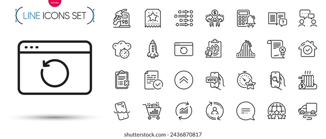 Pack of Vip timer, Rating stars and Compliance line icons. Include Update data, Calculator alarm, Reject certificate pictogram icons. Petrol station, Sharing economy, Reject checklist signs. Vector